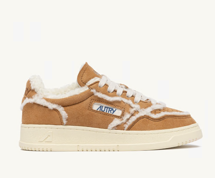 Medalist Mutton in Cognac Suede and Ivory Shearling Wmn